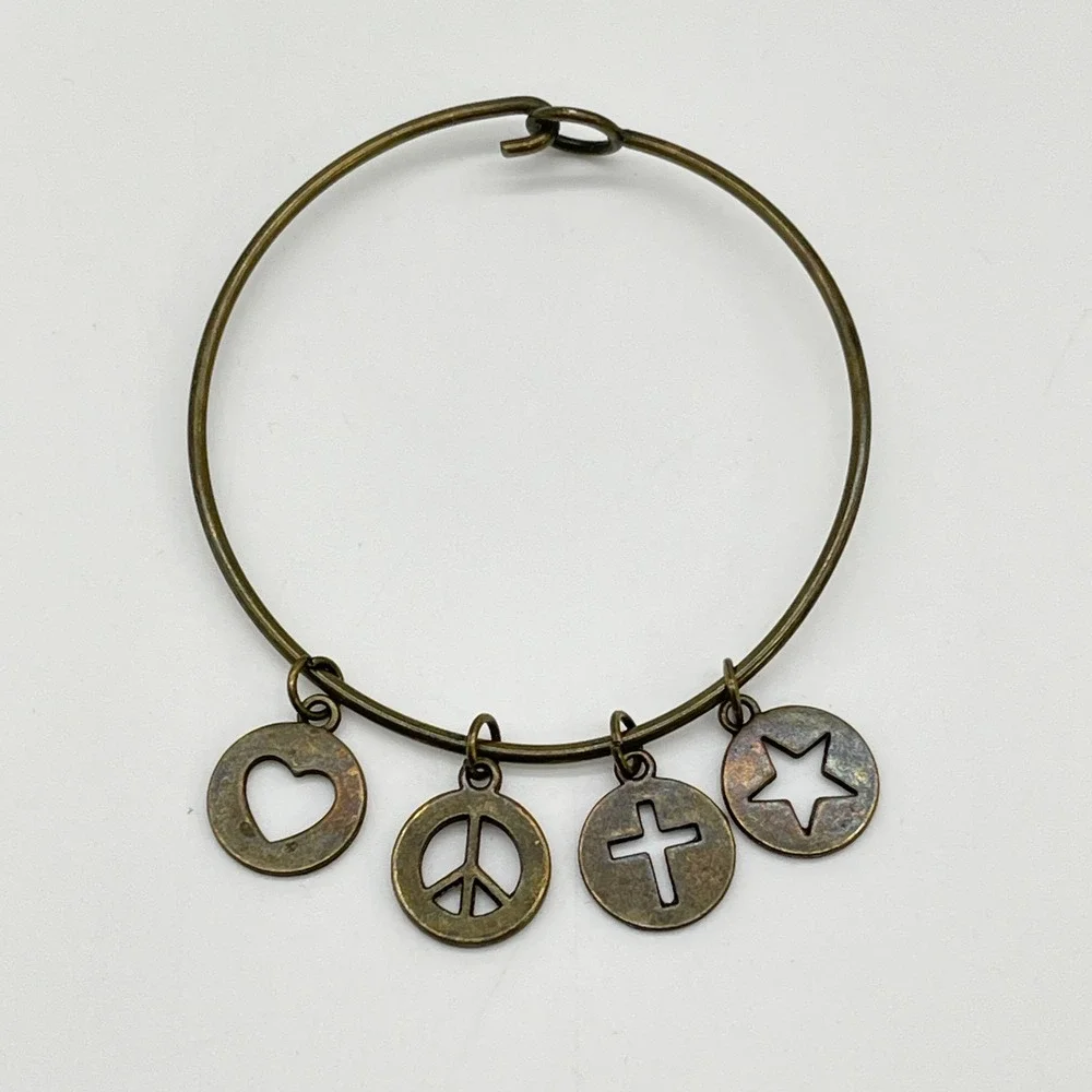 Bronze Tone Charm Bangle Bracelet Heart Peace Cross Star Boho Inspirational